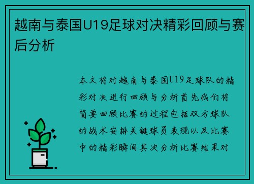 越南与泰国U19足球对决精彩回顾与赛后分析